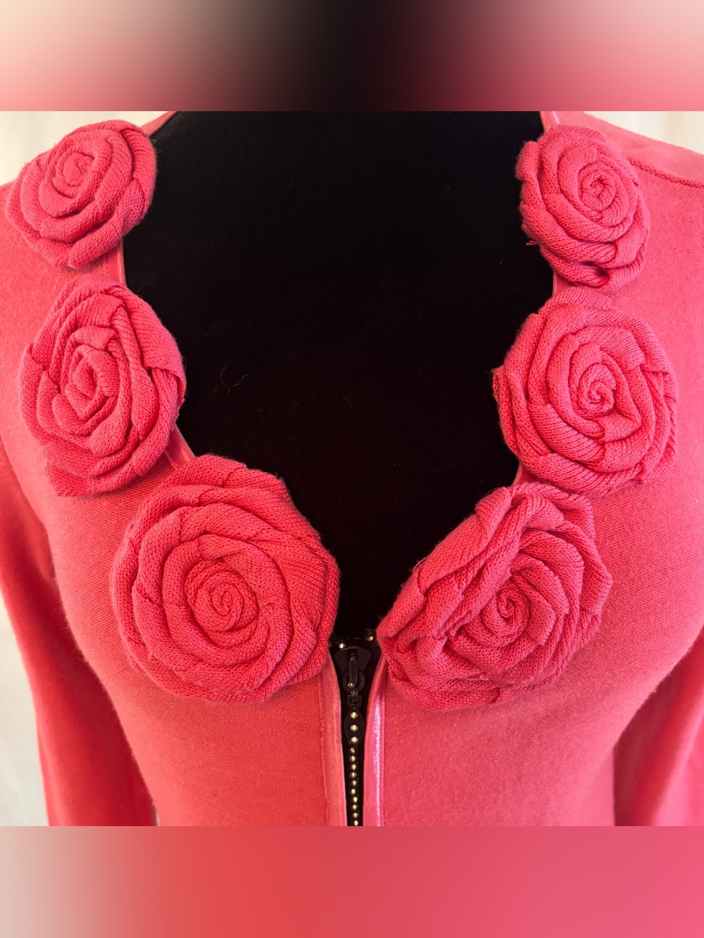 Pink Rosette Rhinestone Zip Cardigan Coquette Cottagecore Fairycore Sweater Med - Picture 2 of 12